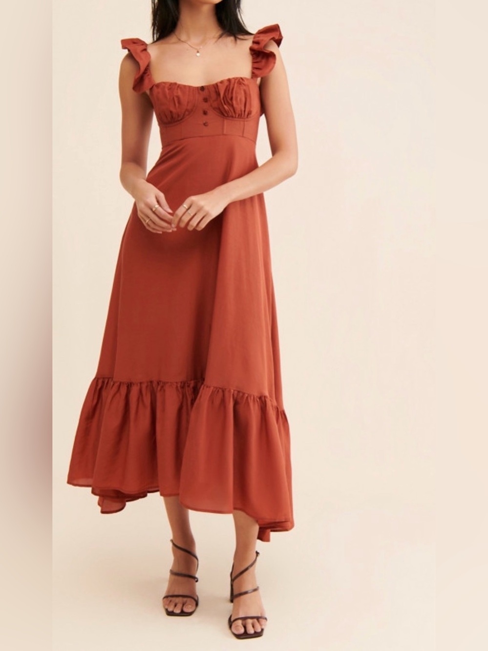 FARM Rio Cinnamon Ruffle Strap Corset Bodice Maxi Dress
